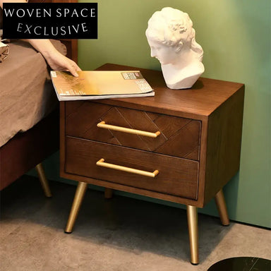 Modern Italian Solid Wood Frame Nightstand with 2 Drawers, Bedroom Table