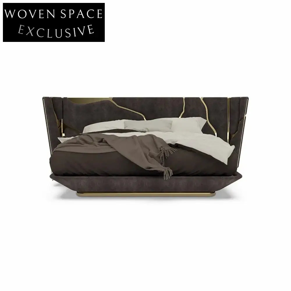 Modern Italian Style King Size Bed, Beige Leather, Plush Headboard Design