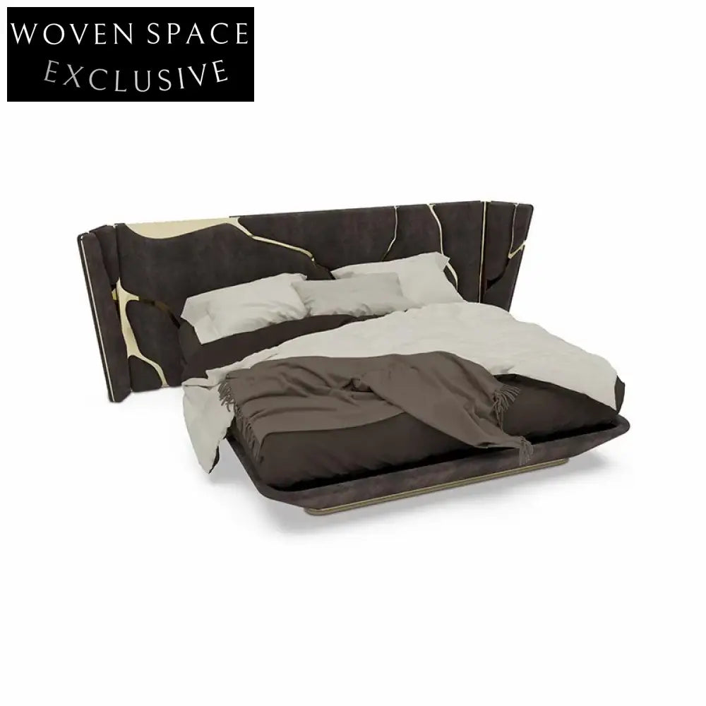 Modern Italian Style King Size Bed, Beige Leather, Plush Headboard Design