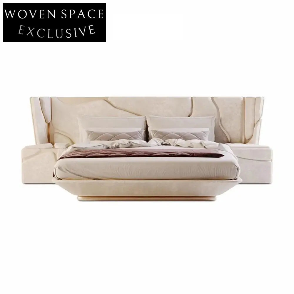 Modern Italian Style King Size Bed, Beige Leather, Plush Headboard Design