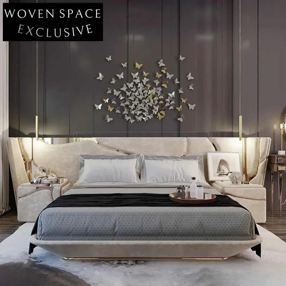 Modern Italian Style King Size Bed, Beige Leather, Plush Headboard Design