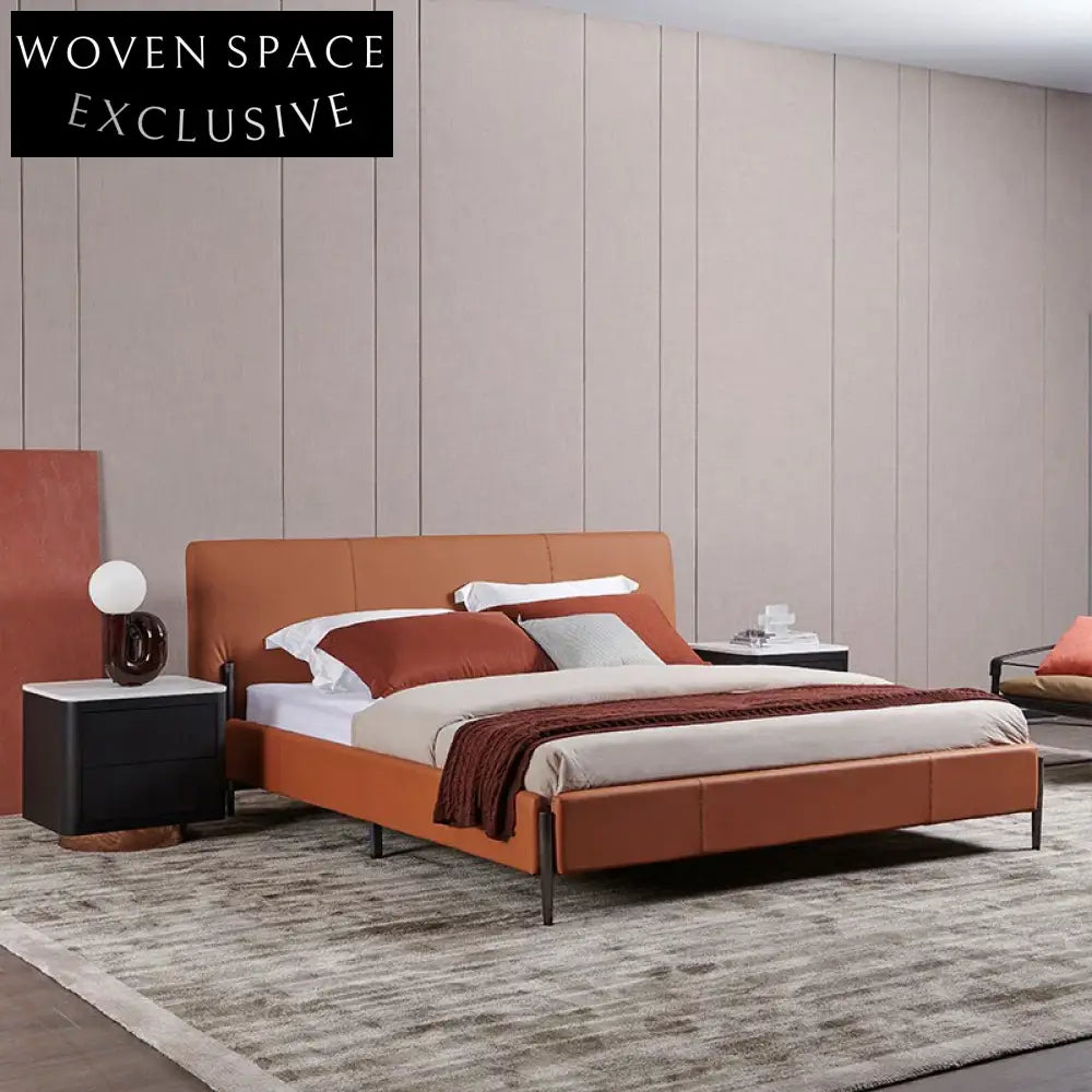 Modern King Size Bed Frame: Leather Upholstery, Solid Wood, Metal Legs