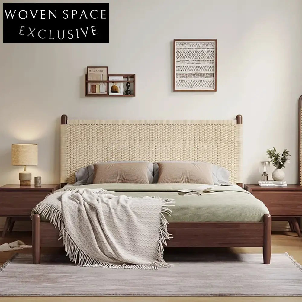 Modern King Size Walnut Wood Bed Frame with Woven Rope Headboard