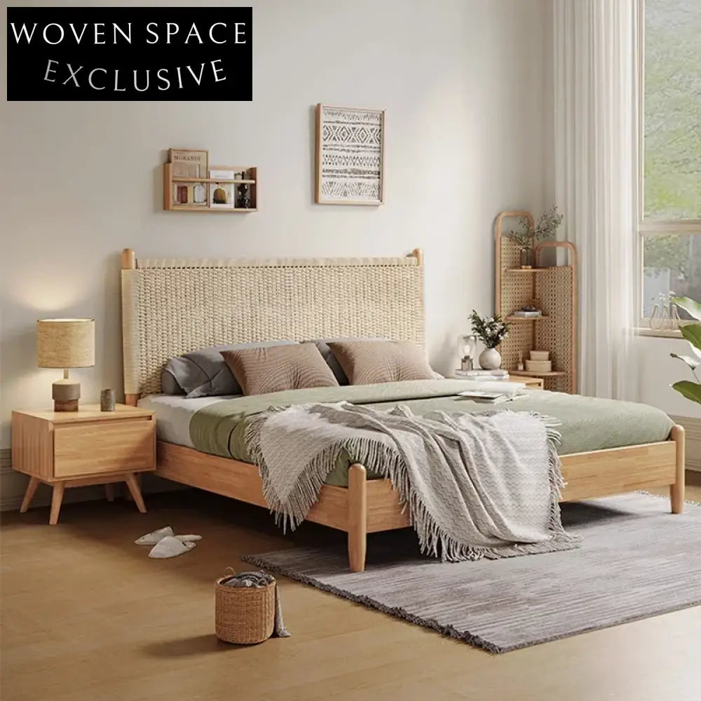 Modern King Size Walnut Wood Bed Frame with Woven Rope Headboard