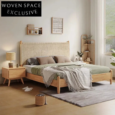 Modern King Size Walnut Wood Bed Frame with Woven Rope Headboard