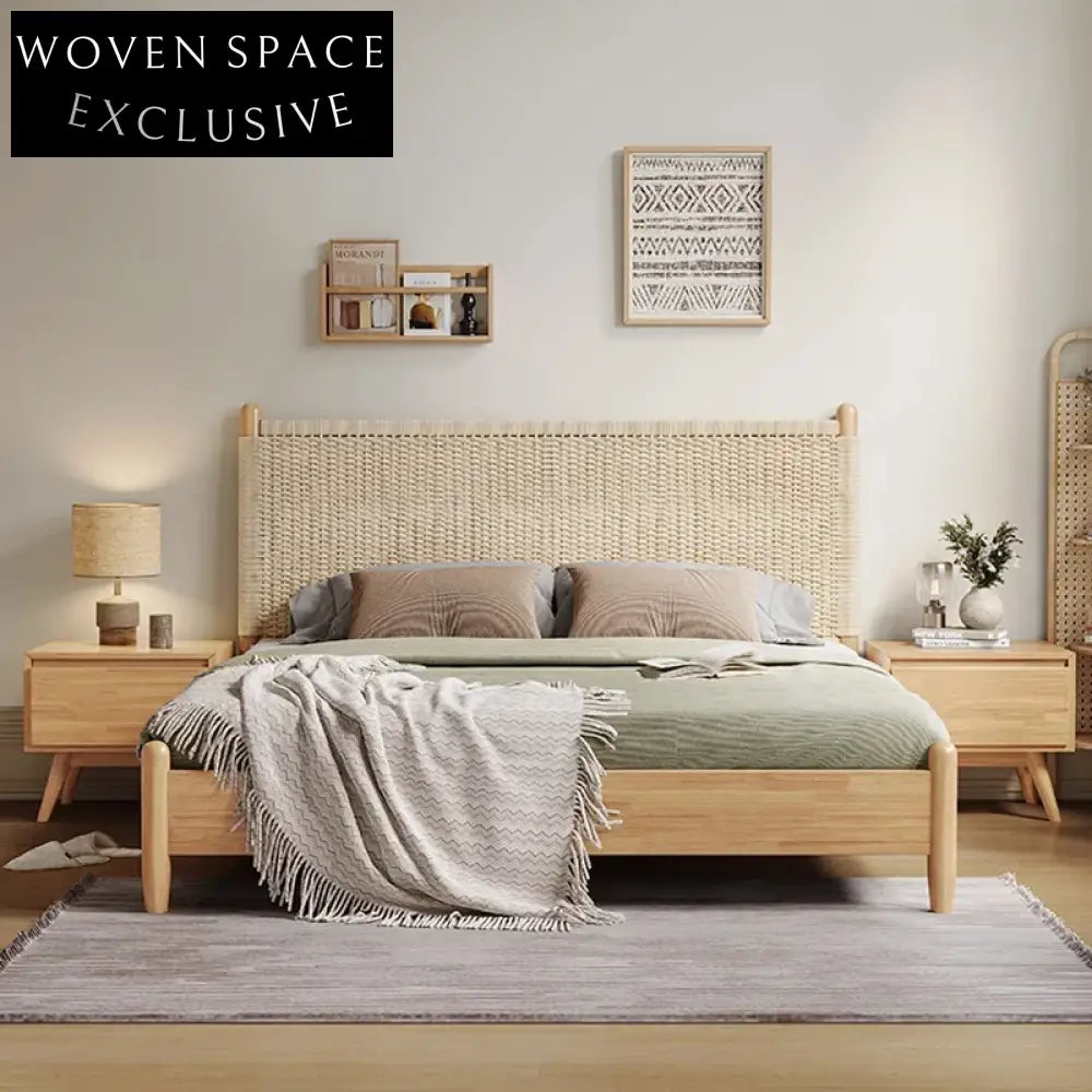 Modern King Size Walnut Wood Bed Frame with Woven Rope Headboard