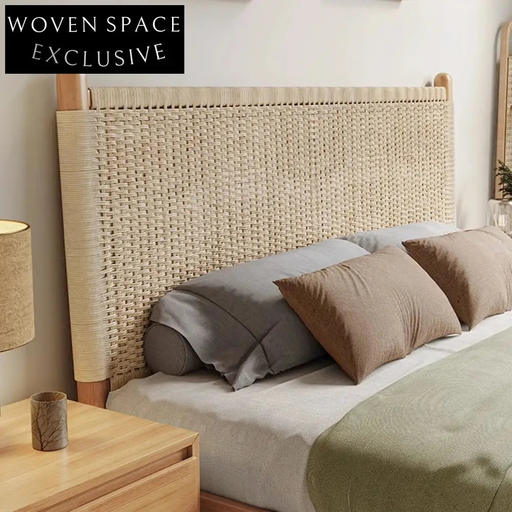 Modern King Size Walnut Wood Bed Frame with Woven Rope Headboard