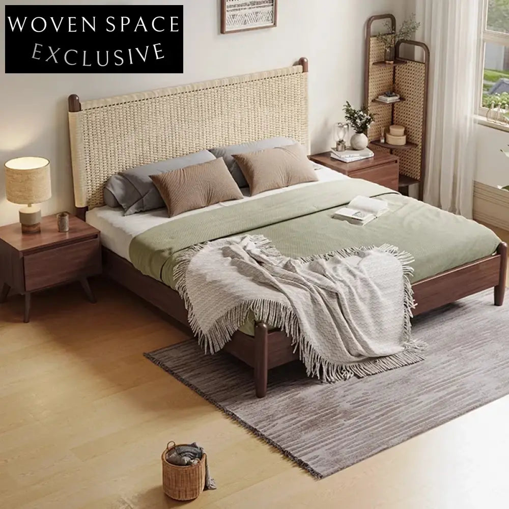 Modern King Size Walnut Wood Bed Frame with Woven Rope Headboard