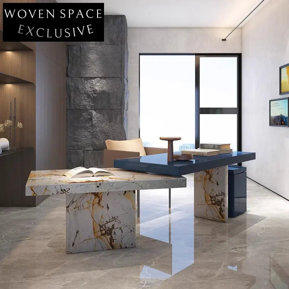 Modern L-Shaped Corner Wood Study Computer Desk Sintered Stone Top