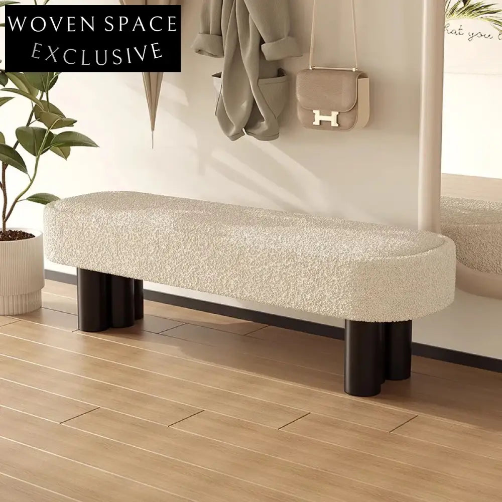 Modern Lamb Wool Fabric Solid Wood Bed End Bench Long Ottoman Chair