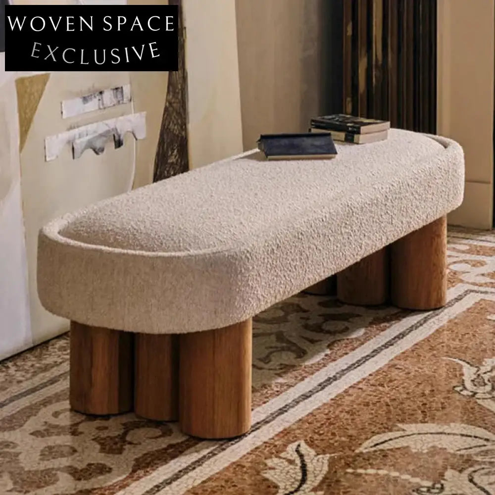 Modern Lamb Wool Fabric Solid Wood Bed End Bench Long Ottoman Chair