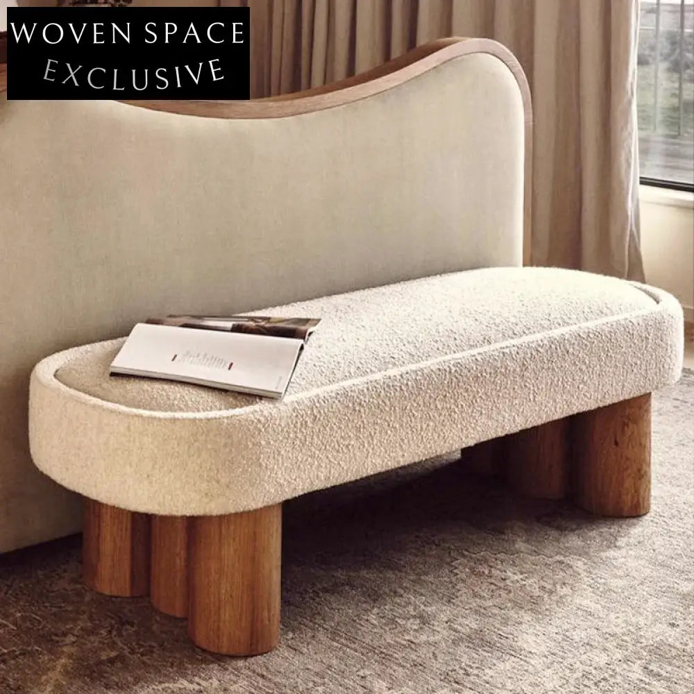 Modern Lamb Wool Fabric Solid Wood Bed End Bench Long Ottoman Chair
