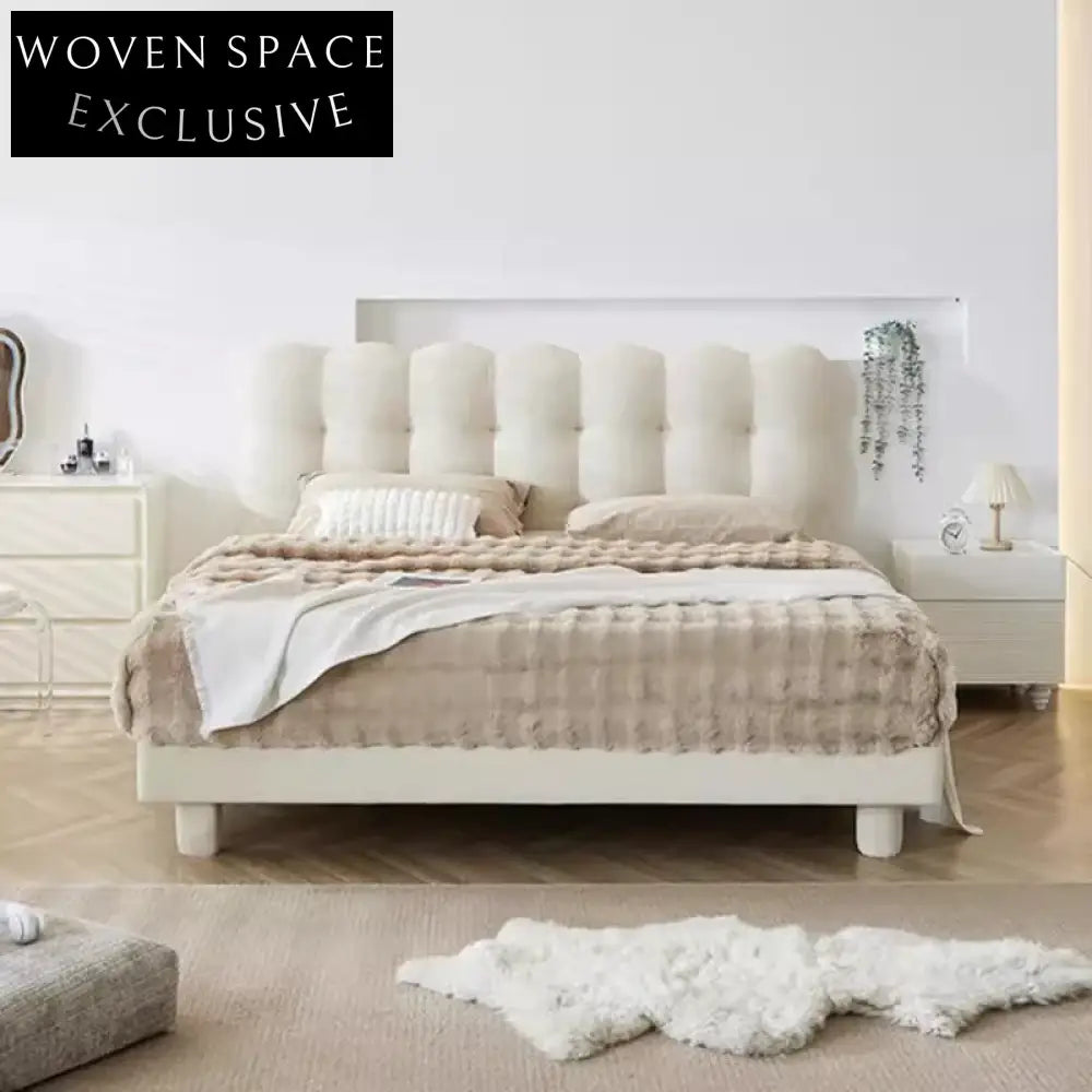 Modern Lambswool Upholstered Solid Wood Frame Luxury Bedroom Bed