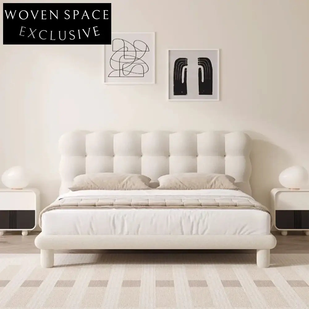 Modern Lambswool Upholstered Solid Wood Frame Luxury Bedroom Bed