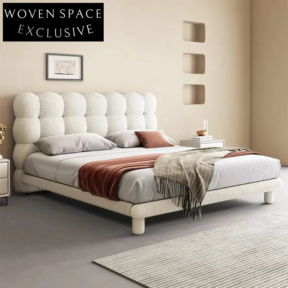 Modern Lambswool Upholstered Solid Wood Frame Luxury Bedroom Bed