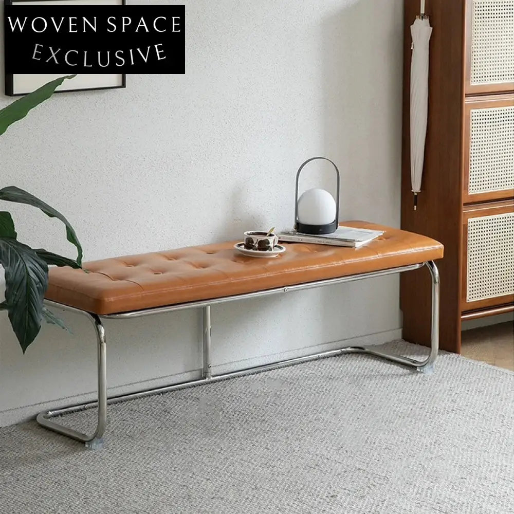 Modern Leather Hallway Bench with Stainless Steel Base Ottoman for Entryway