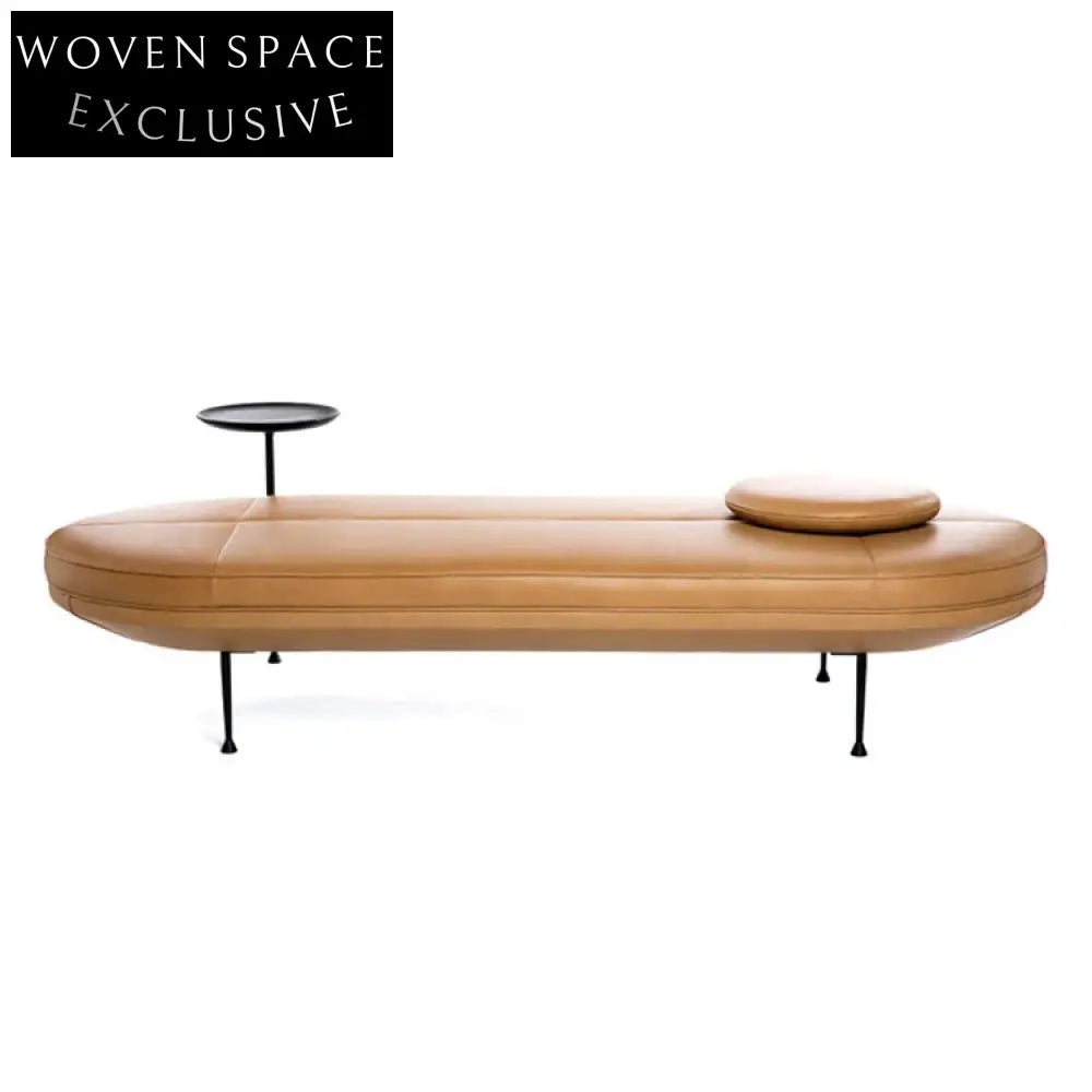 Modern Leather I-Shape Sofa Bench with Integrated Side Table and Metal Legs