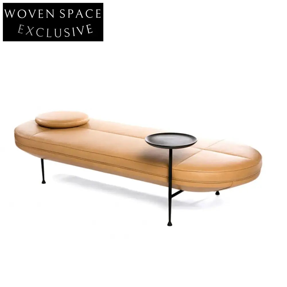 Modern Leather I-Shape Sofa Bench with Integrated Side Table and Metal Legs