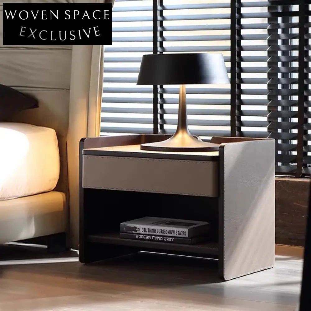 Modern Leather Nightstand with Metal Frame and Storage Drawer Bedside Table