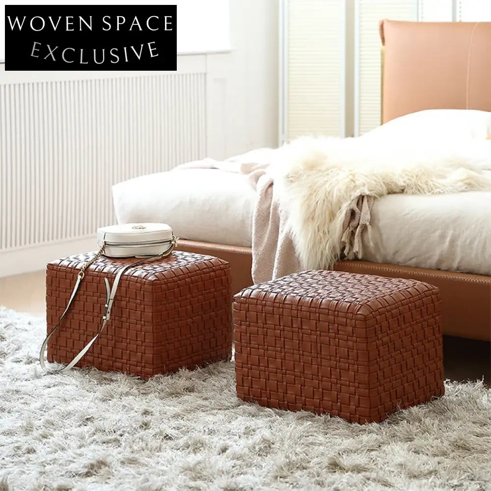 Modern Leather Ottoman Footstool with Wood Frame for Living Room Accent