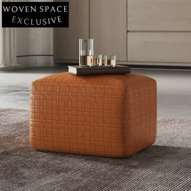 Modern Leather Ottoman Footstool with Wood Frame for Living Room Accent