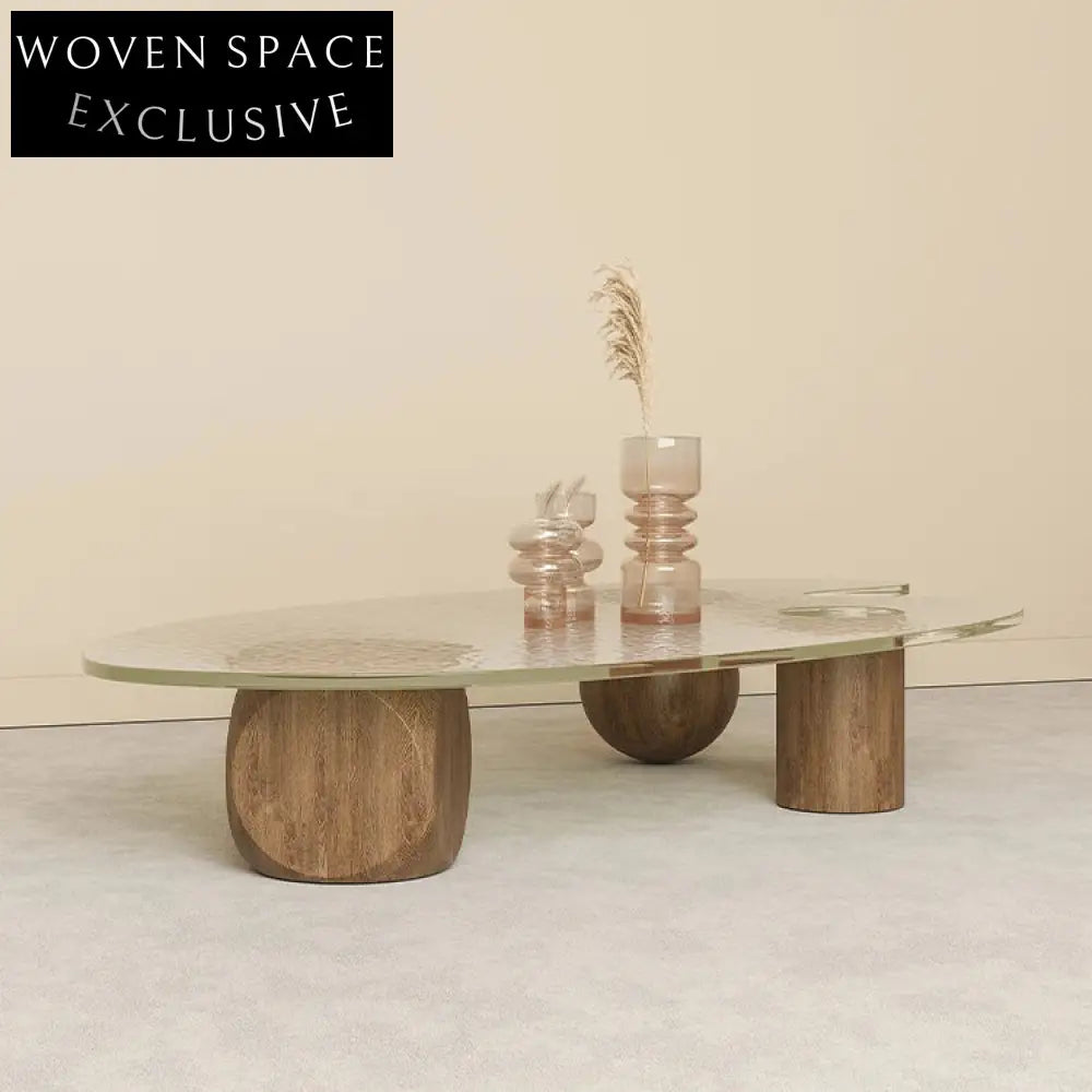 Modern Living Room Glass Top Rounding Solid Wood Coffee Tea Table