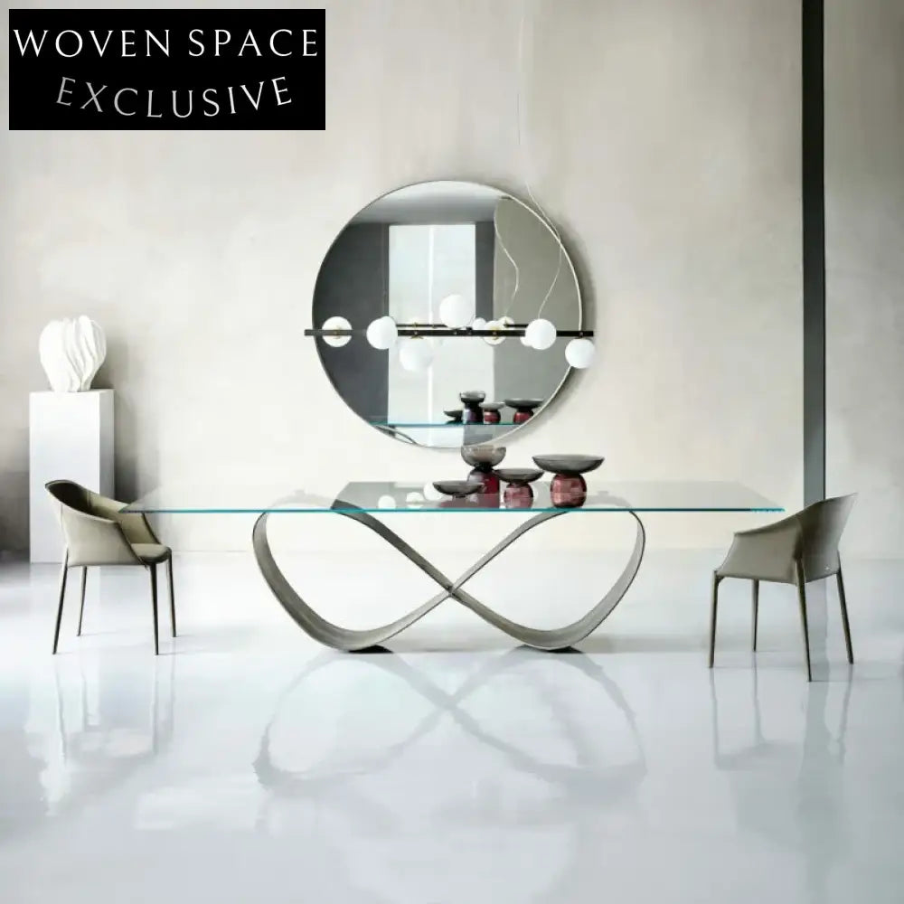 Modern Luxury Glass Dining Table, Metal Base, Seats 6, Italian Design Dining Table