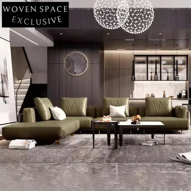 Modern Luxury L-Shape Corner Sofa Couch with Metal Base & Real Leather Upholstery