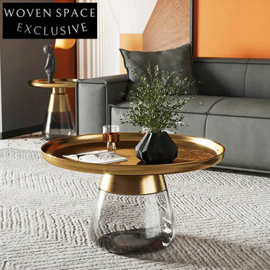 Modern Luxury Round Glass Coffee Table with Storage and Elegant Metal Top Base