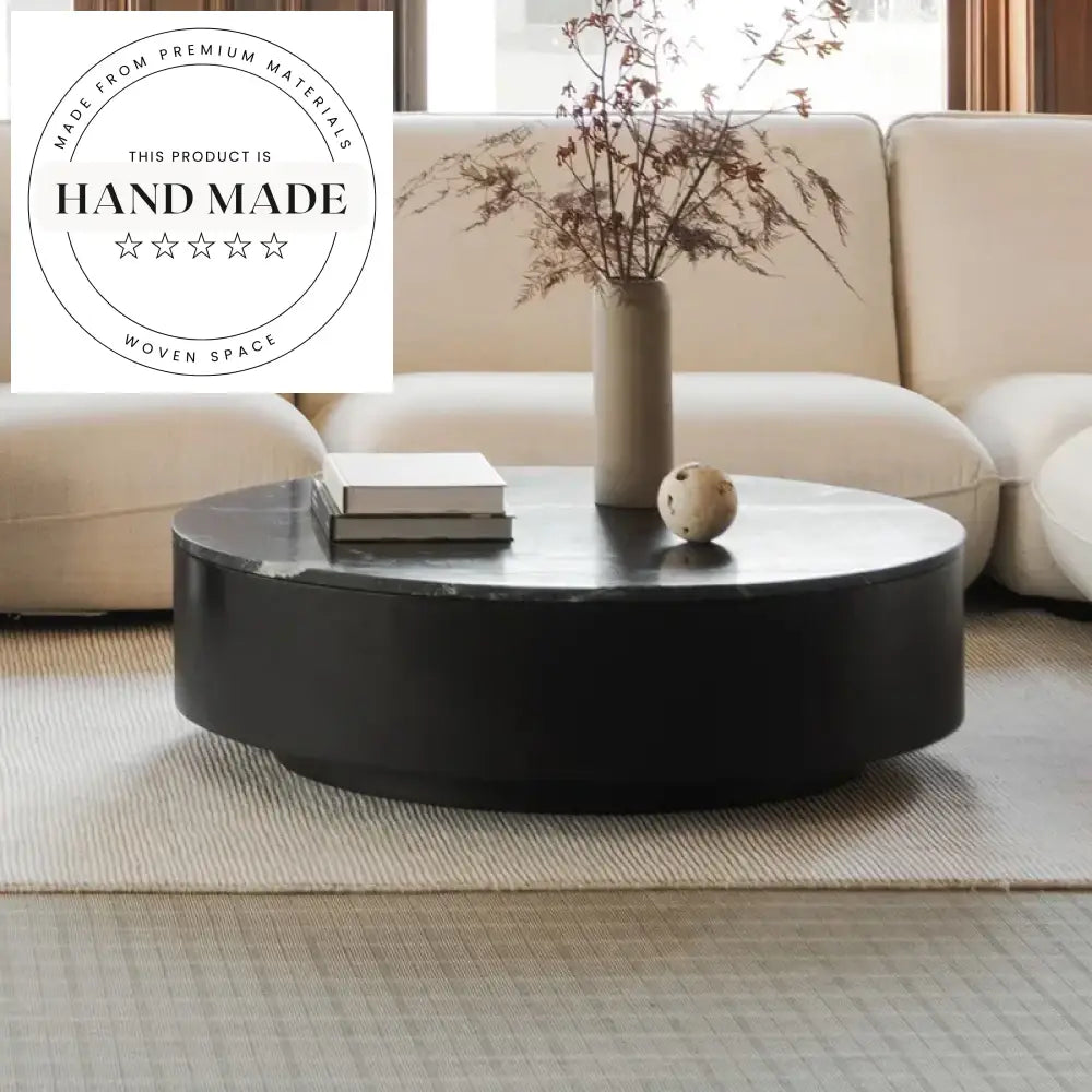 Modern Luxury Round Natural Marble Solid Wood Black Coffee Table
