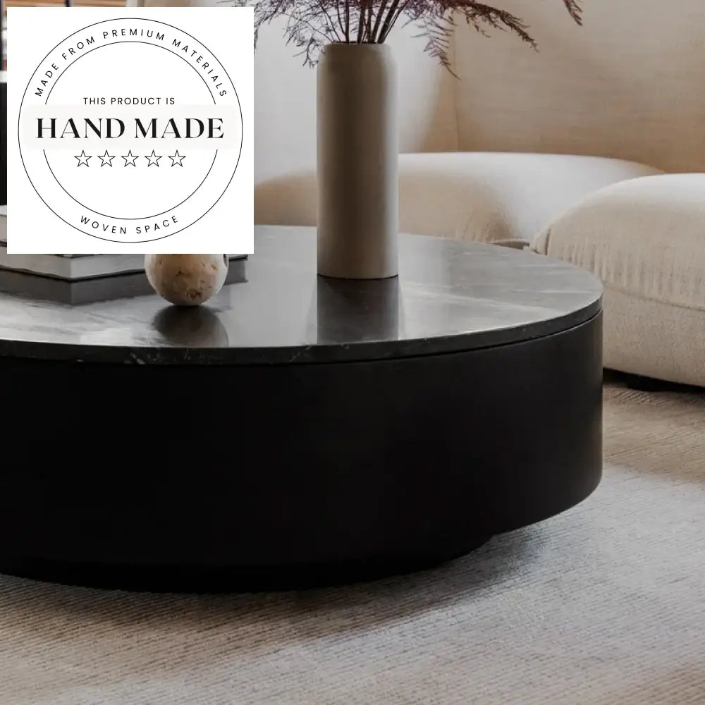 Modern Luxury Round Natural Marble Solid Wood Black Coffee Table