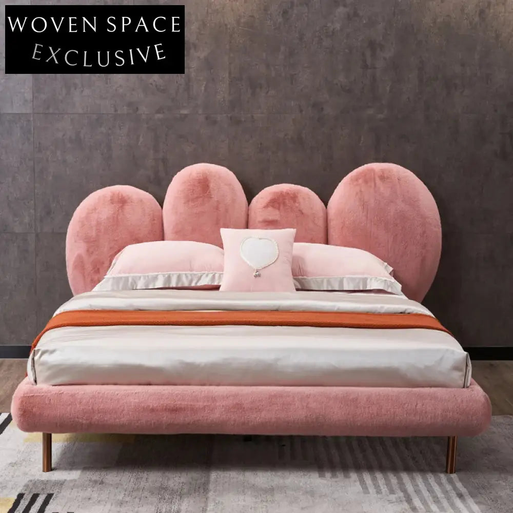 Modern Luxury Upholstered Lamb Wool Fabric King & Queen Bed