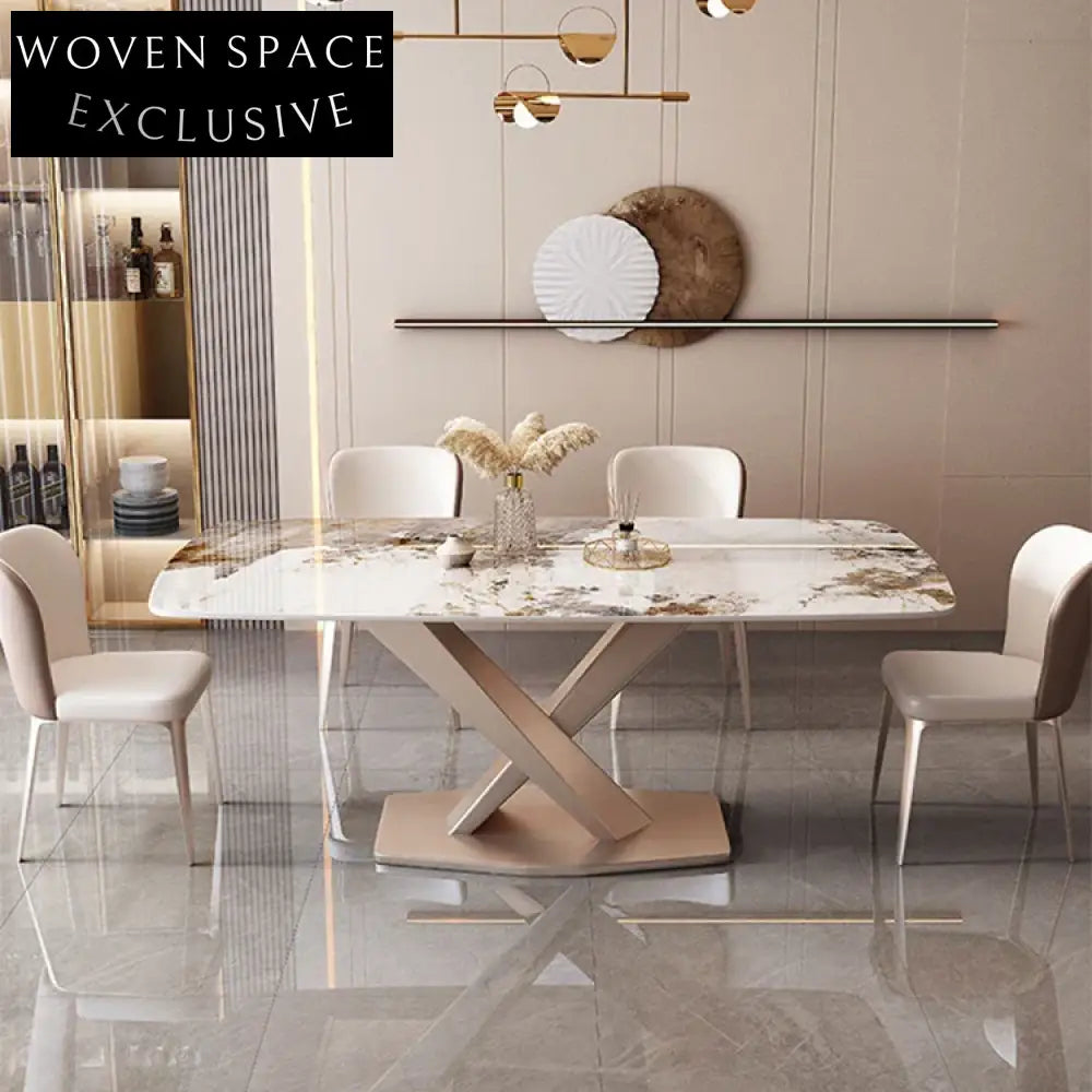 Modern Luxury White Rectangle Slate Top Sturdy Metal Base Dining Table