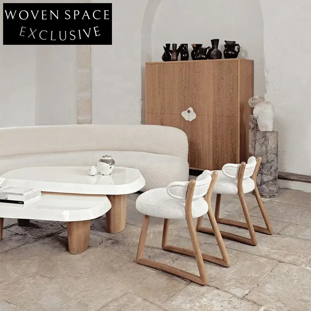 Modern Luxury White Teddy Fabric Dining Accent Chair with Solid Wood Legs