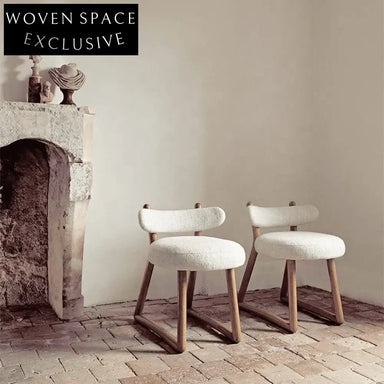 Modern Luxury White Teddy Fabric Dining Accent Chair with Solid Wood Legs