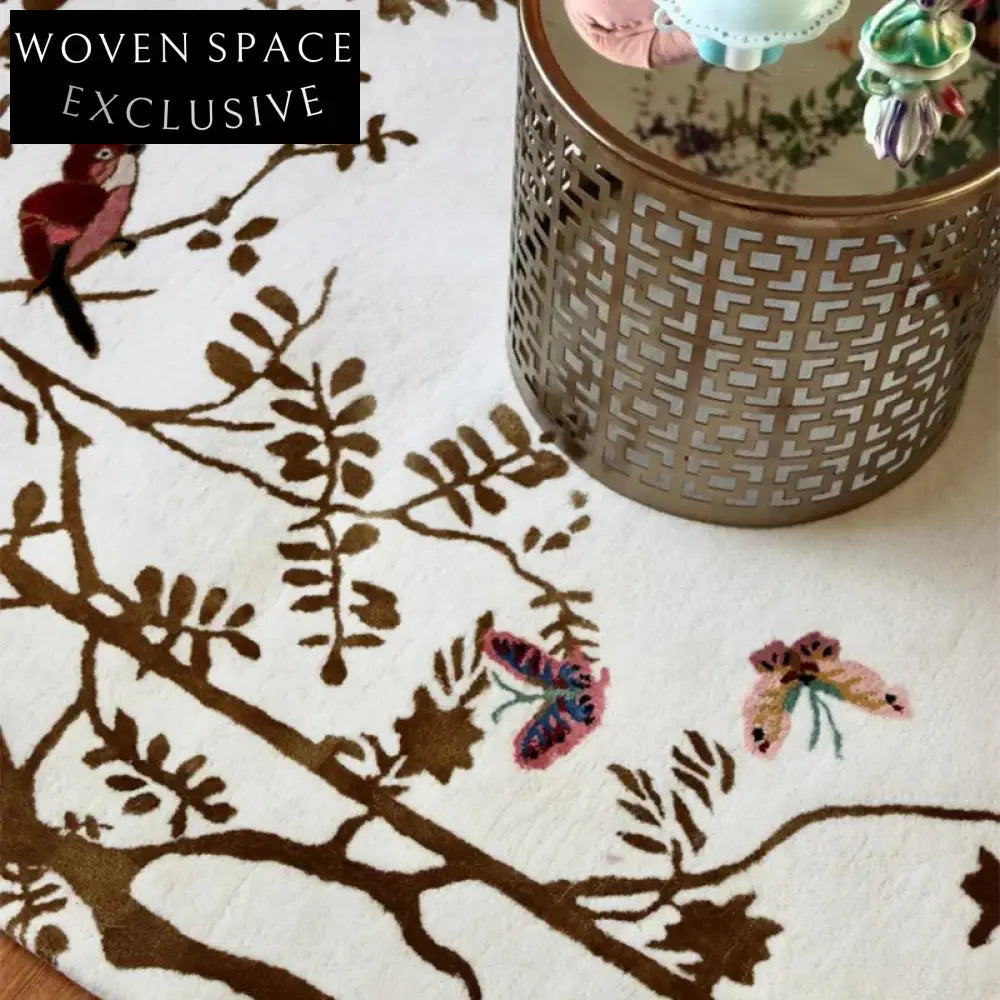 Modern Machine-Made Polyester Area Rug with Elegant Floral Bird Design