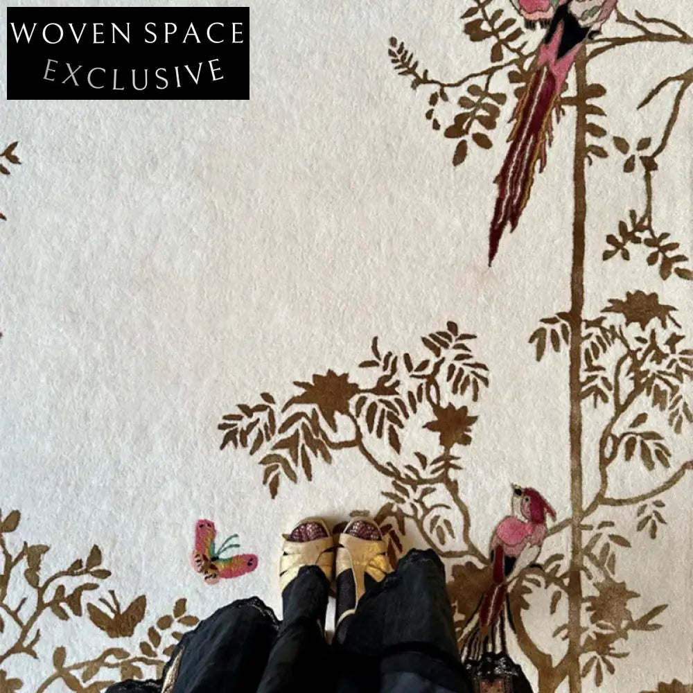 Modern Machine-Made Polyester Area Rug with Elegant Floral Bird Design