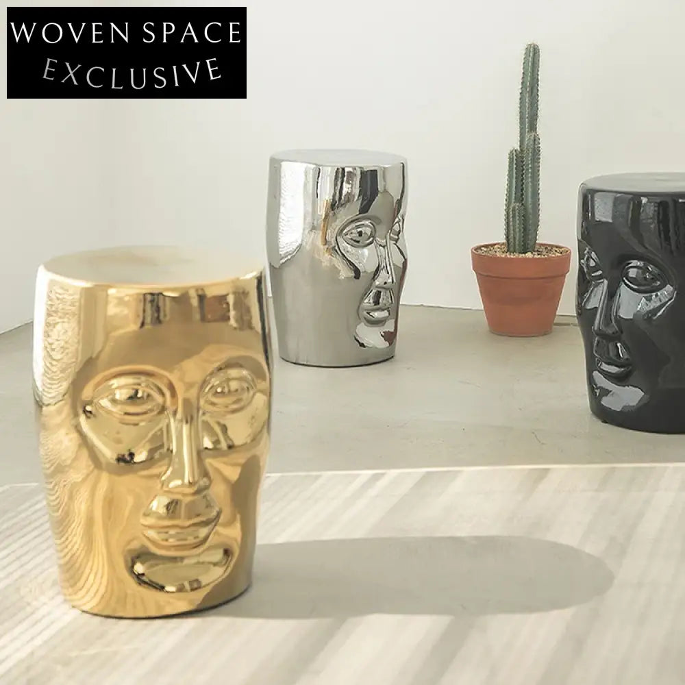 Modern Metal Round Coffee Table, Unique Human Face Design, Ceramic Top