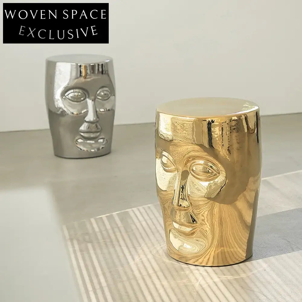 Modern Metal Round Coffee Table, Unique Human Face Design, Ceramic Top