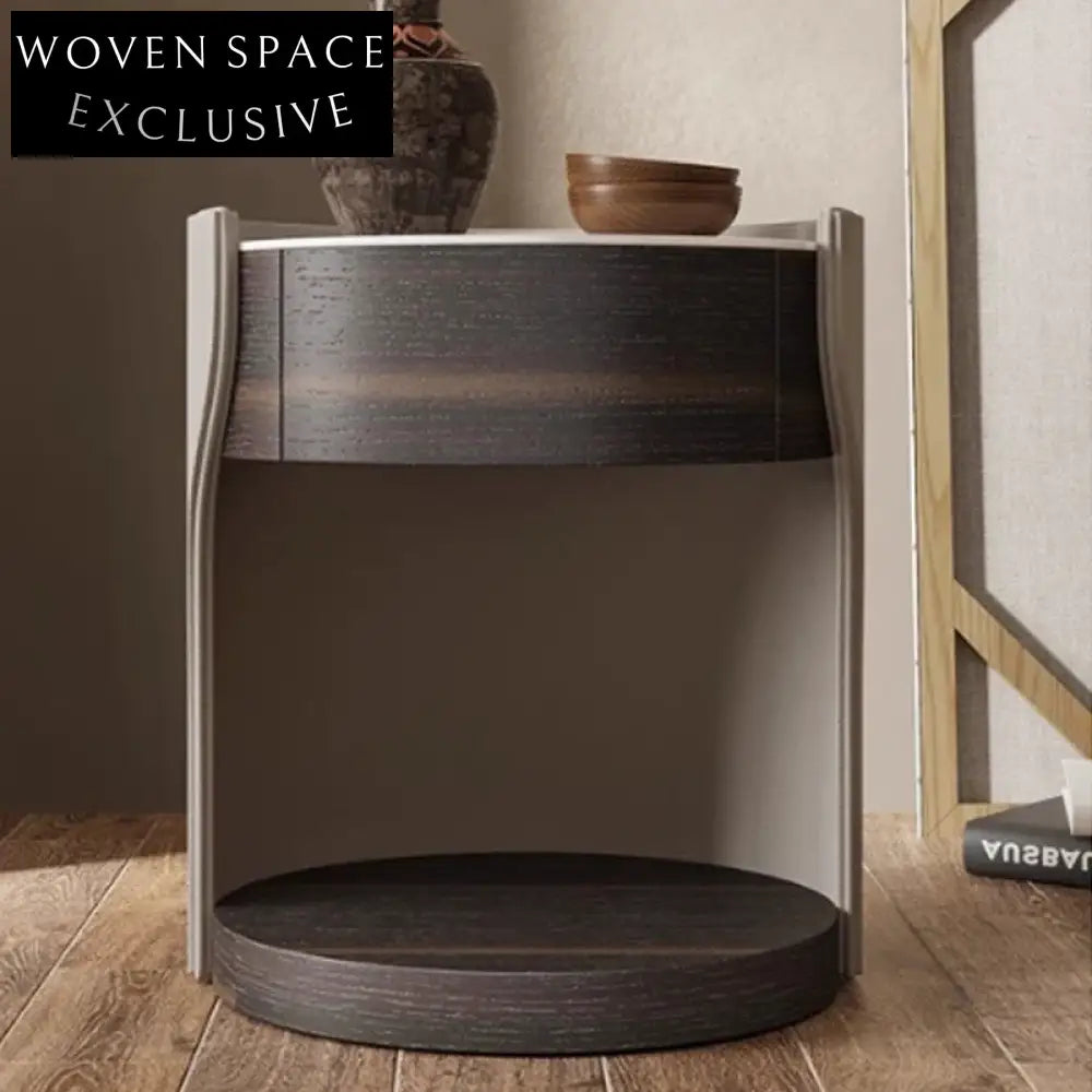 Modern Minimalist Bedroom Nightstand with Drawer, Saddle Leather and Slate Top Table