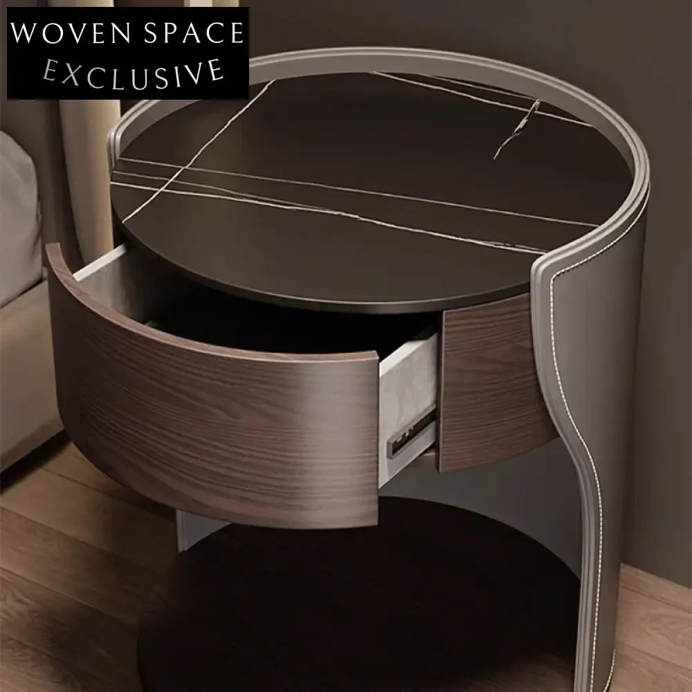 Modern Minimalist Bedroom Nightstand with Drawer, Saddle Leather and Slate Top Table