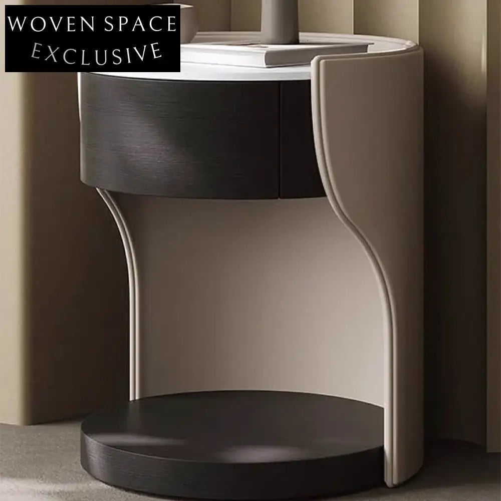 Modern Minimalist Bedroom Nightstand with Drawer, Saddle Leather and Slate Top Table