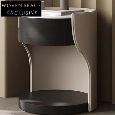 Modern Minimalist Bedroom Nightstand with Drawer, Saddle Leather and Slate Top Table
