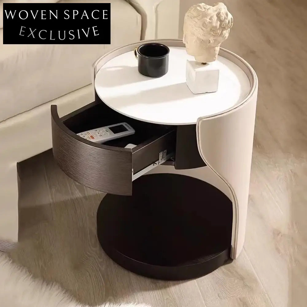 Modern Minimalist Bedroom Nightstand with Drawer, Saddle Leather and Slate Top Table