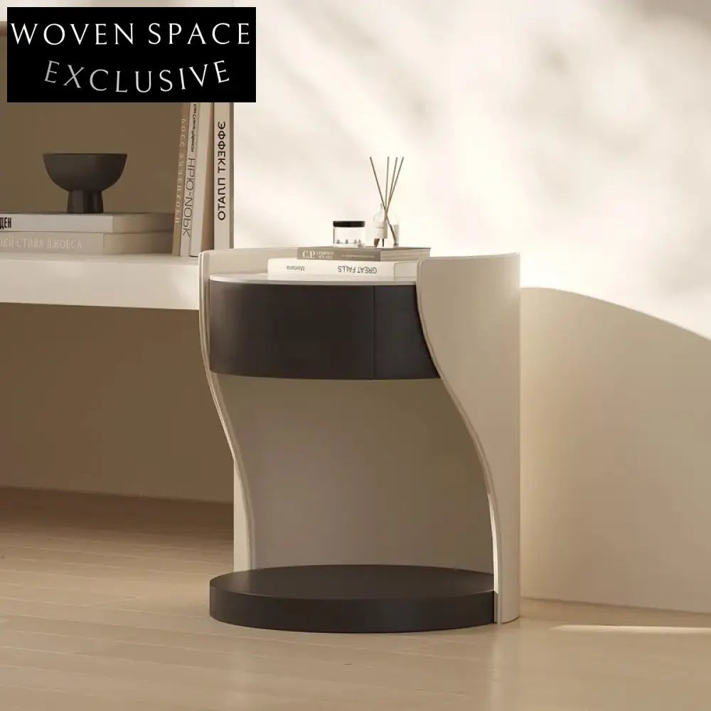 Modern Minimalist Bedroom Nightstand with Drawer, Saddle Leather and Slate Top Table