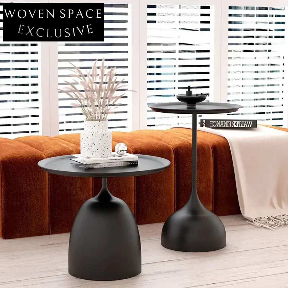 Modern Minimalist Black Metal Round Side Coffee Table with Tray Top