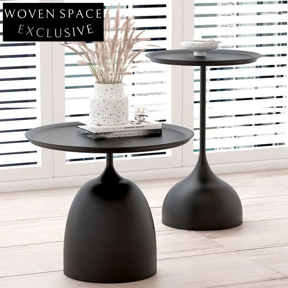 Modern Minimalist Black Metal Round Side Coffee Table with Tray Top