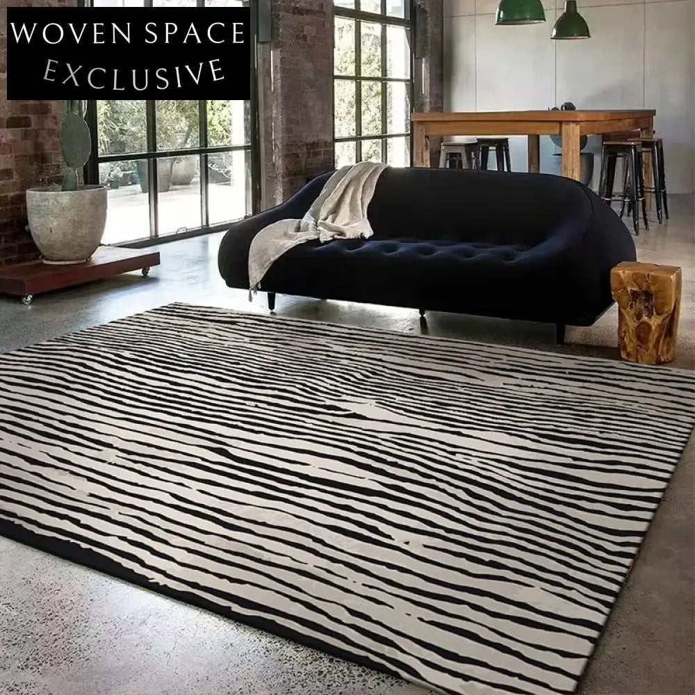 Modern Minimalist Black & White Striped Polyester Area Rug for Home Decor