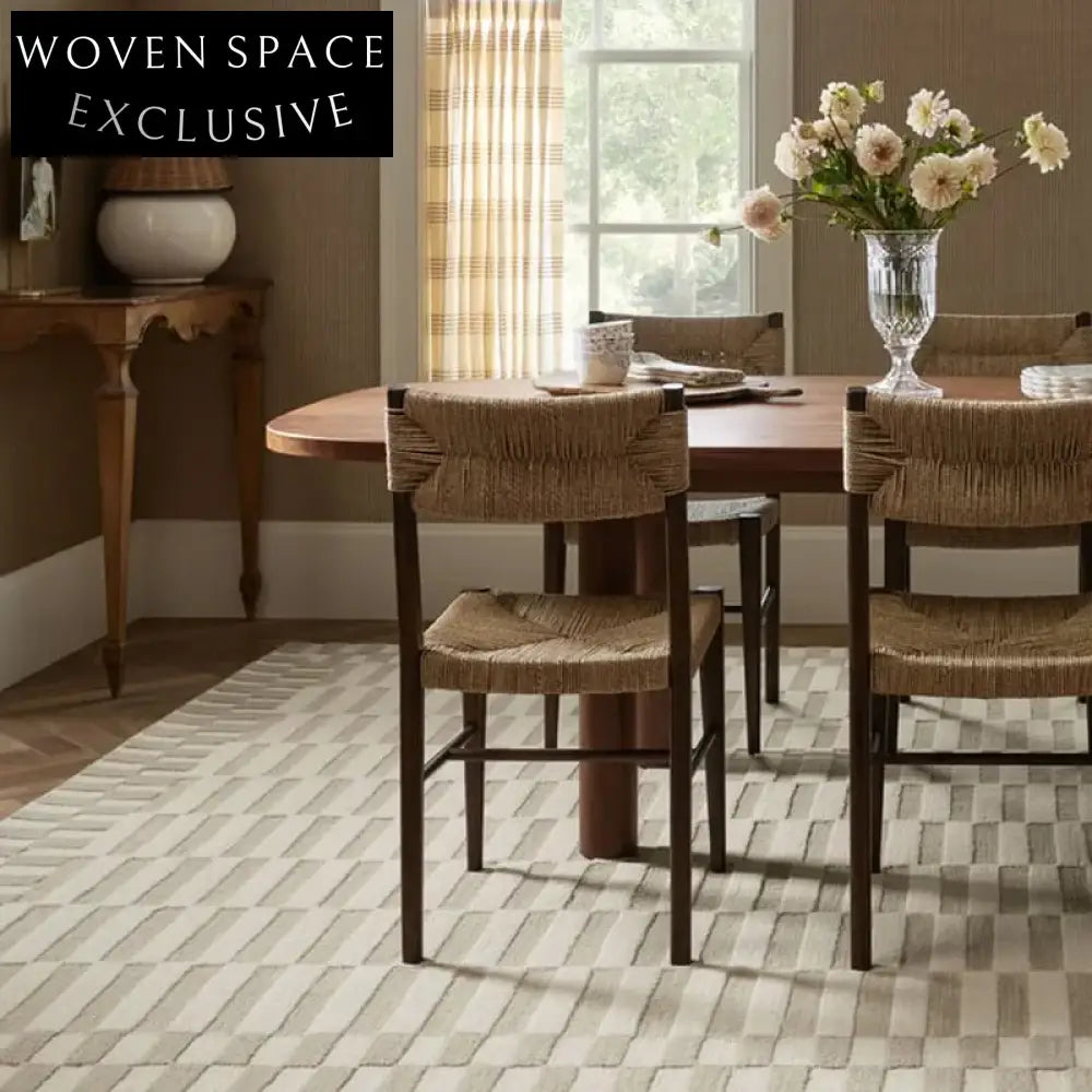 Modern Minimalist Handmade Cream Grid Area Rug for Living Room & Bedroom