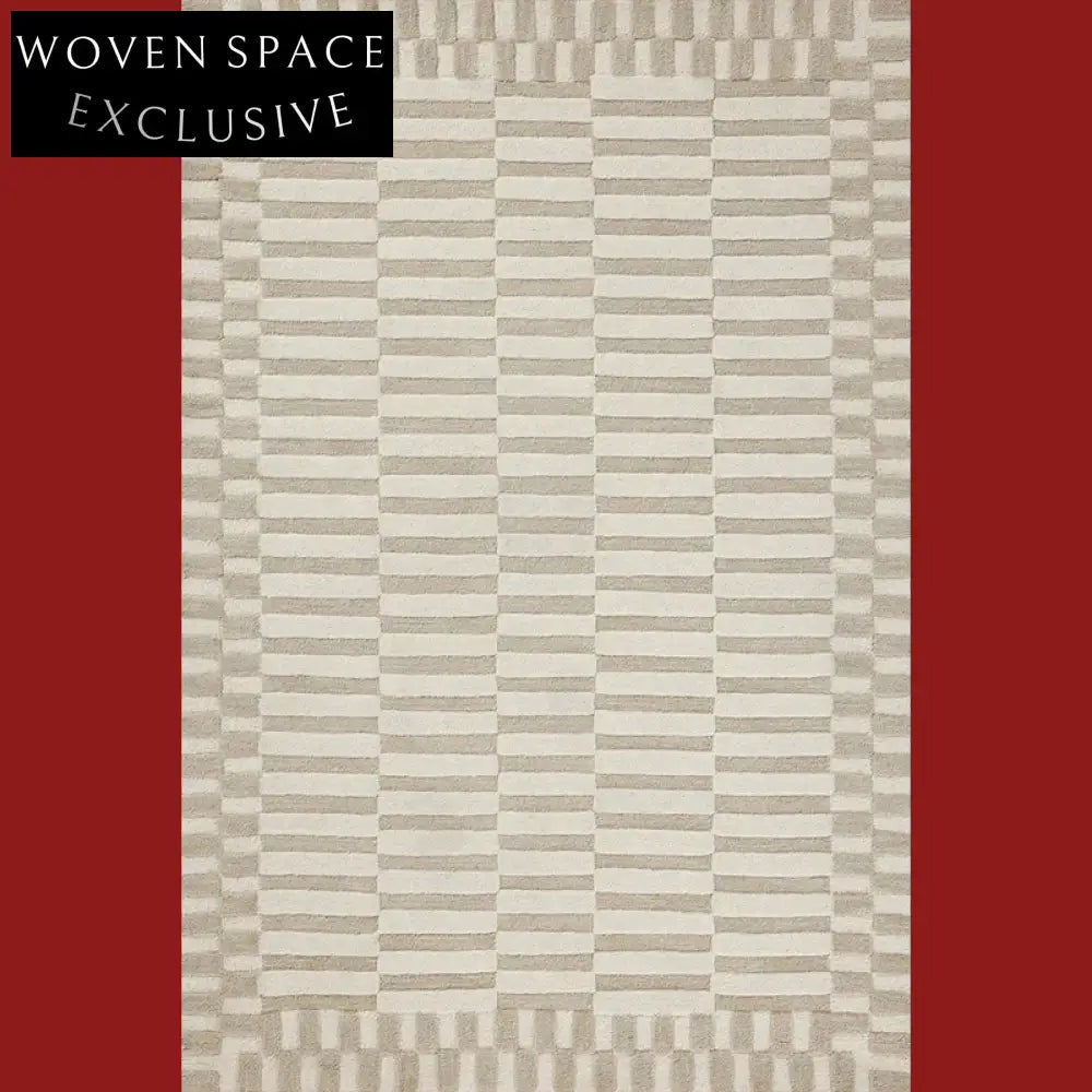 Modern Minimalist Handmade Cream Grid Area Rug for Living Room & Bedroom